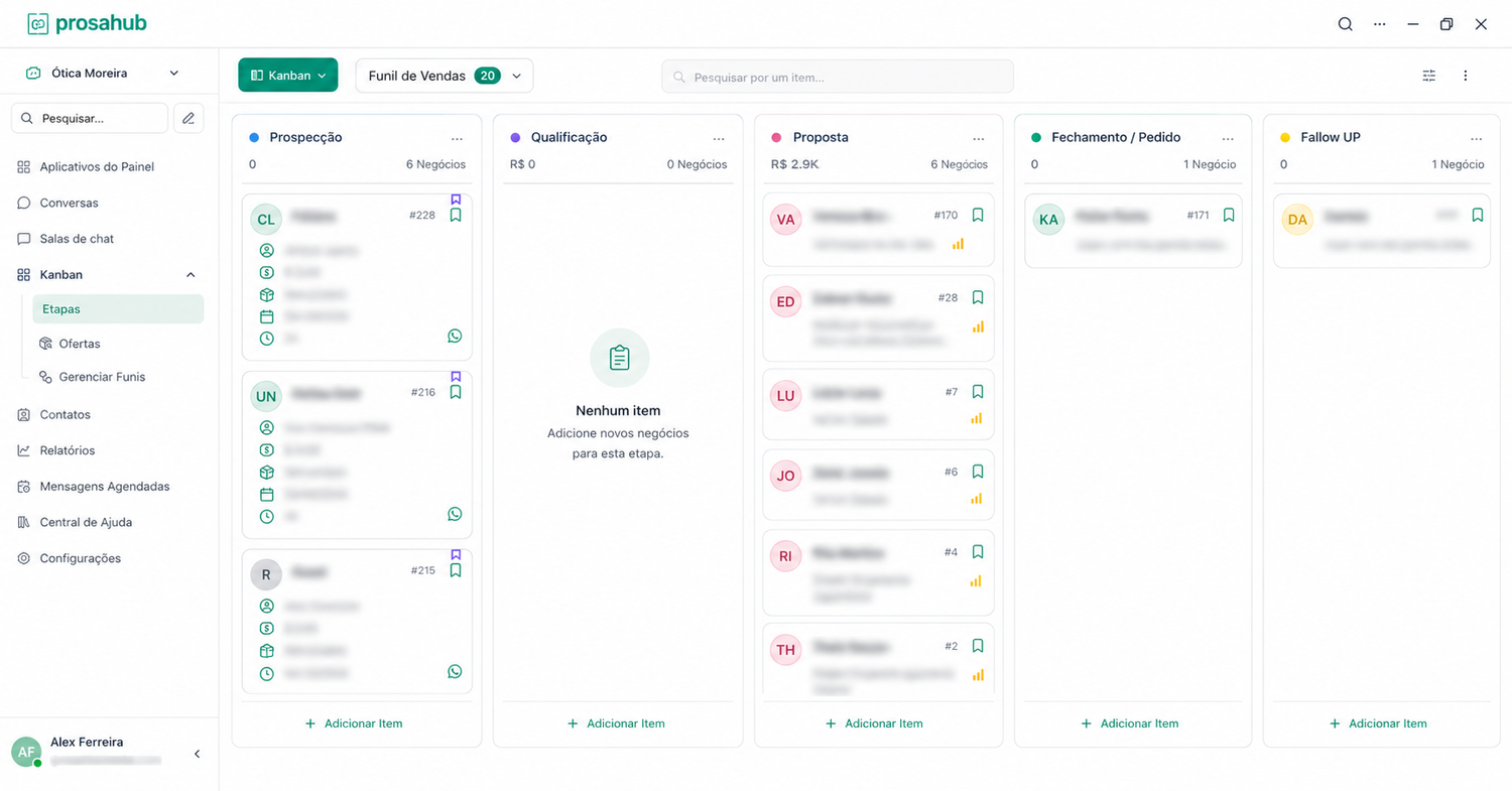Pipeline de vendas no Kanban da ProsaHub